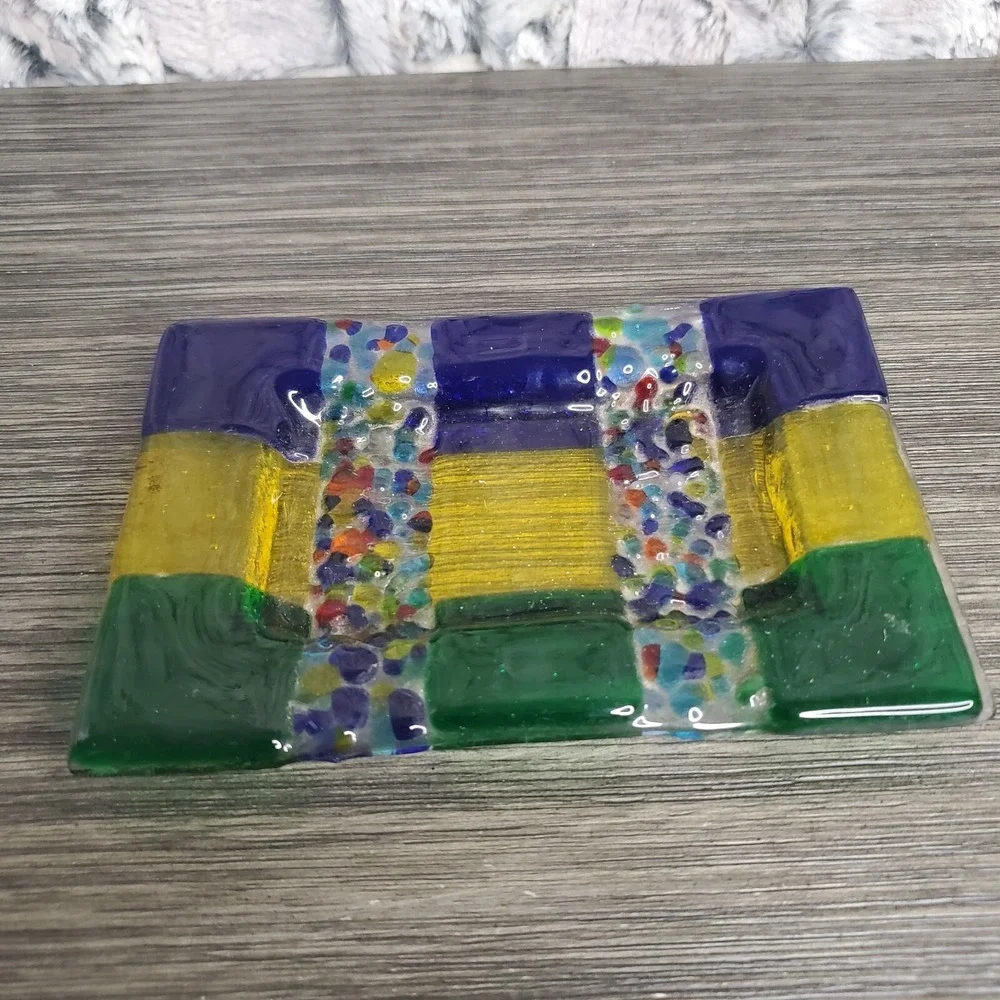 Rectangular Fused Art Glass Soap Dish Jewel Tones 5.5